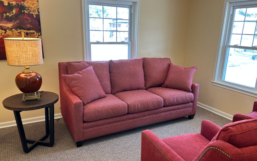 pink couch with matching pillows