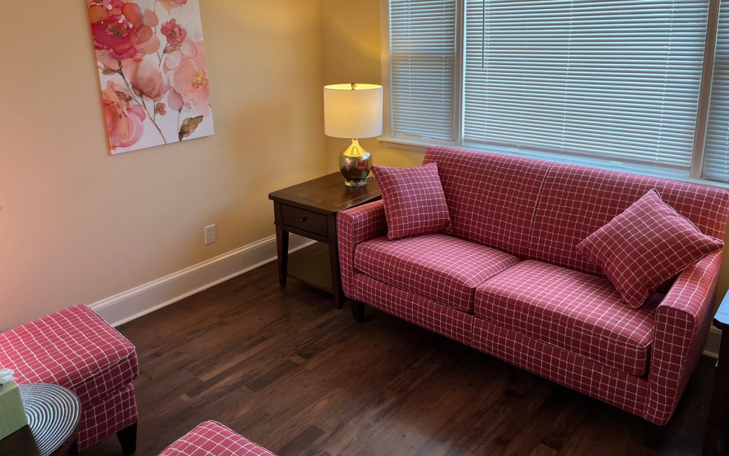 counseling room with large pink checkered couch