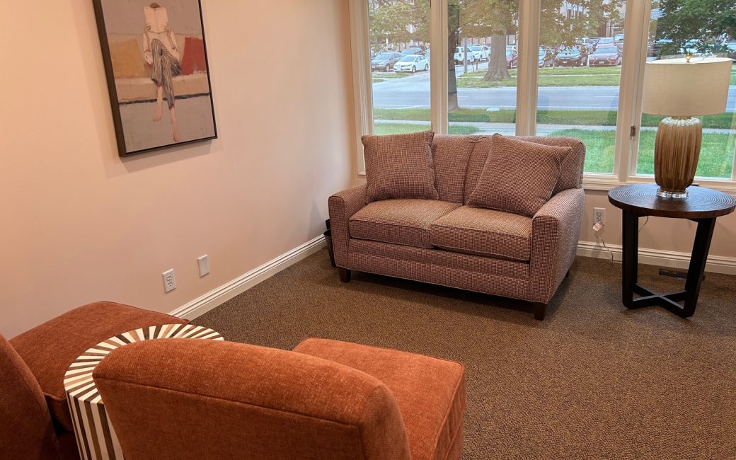 office with pink furniture